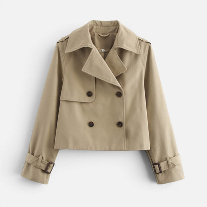 Elegant Cropped Trench Jacket for Women with Notch Lapel Long Sleeve Double Breasted Belted Cuff Style