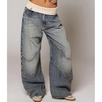 Effortless Light Blue Wide Leg Jeans for Women with Contrast Ribbed Waistband Baggy Relaxed Style