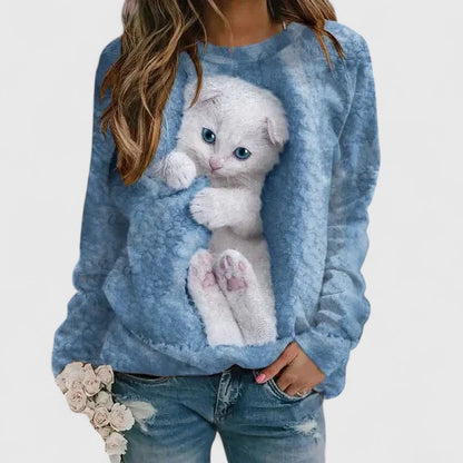 Comfortable Cat Print Sweater for Women with Crew Neck Long Sleeve Cozy Oversized Knit Style
