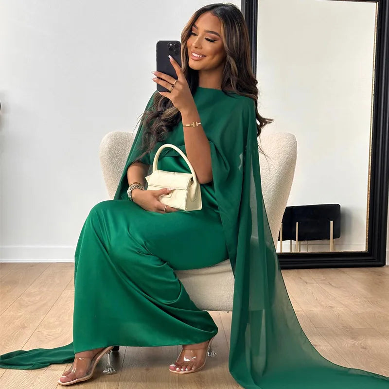 Elegant Satin Maxi Dress for Women with Boat Neck Cape Sleeve Flowing Kaftan Style