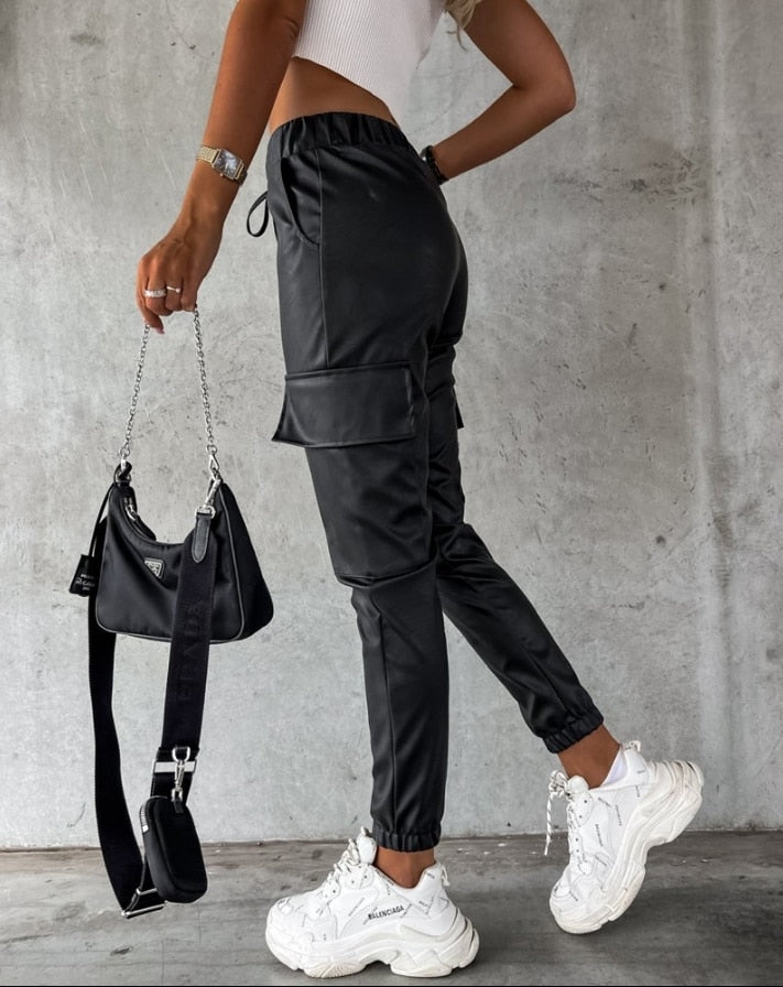 Effortless Black Faux Leather Cargo Pants for Women with Elastic Waist Drawstring Jogger Relaxed Style