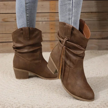 Stylish Dark Brown Boots for Women with Round Toe Braided Tassel Block Heel Western Ankle Style