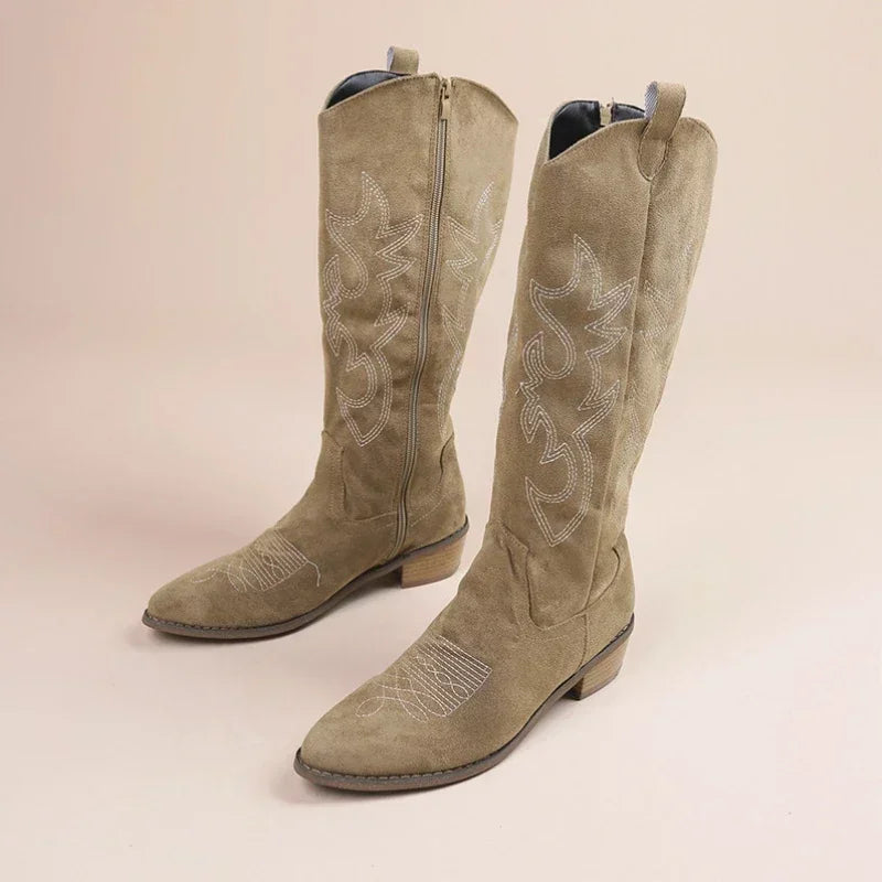 Stylish Suede Embroidered Women's Boots for Women with Pointed Toe Stacked Heel Western Cowgirl Style