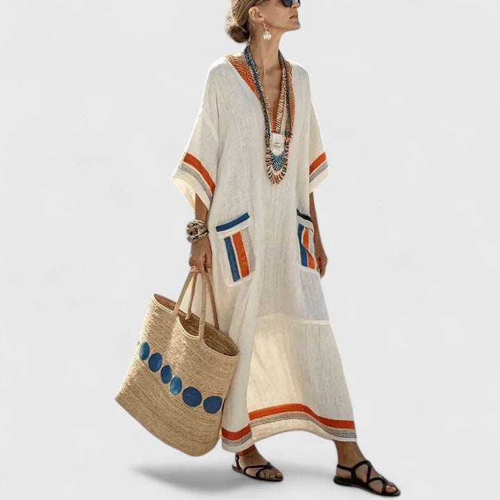 Effortless Boho Maxi Dress for Women with V Neck Batwing Sleeve Linen Kaftan Relaxed Style