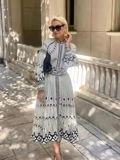 Elegant Beige Printed A Line Dress for Women with Stand Collar Long Sleeve Belted Midi Casual Style