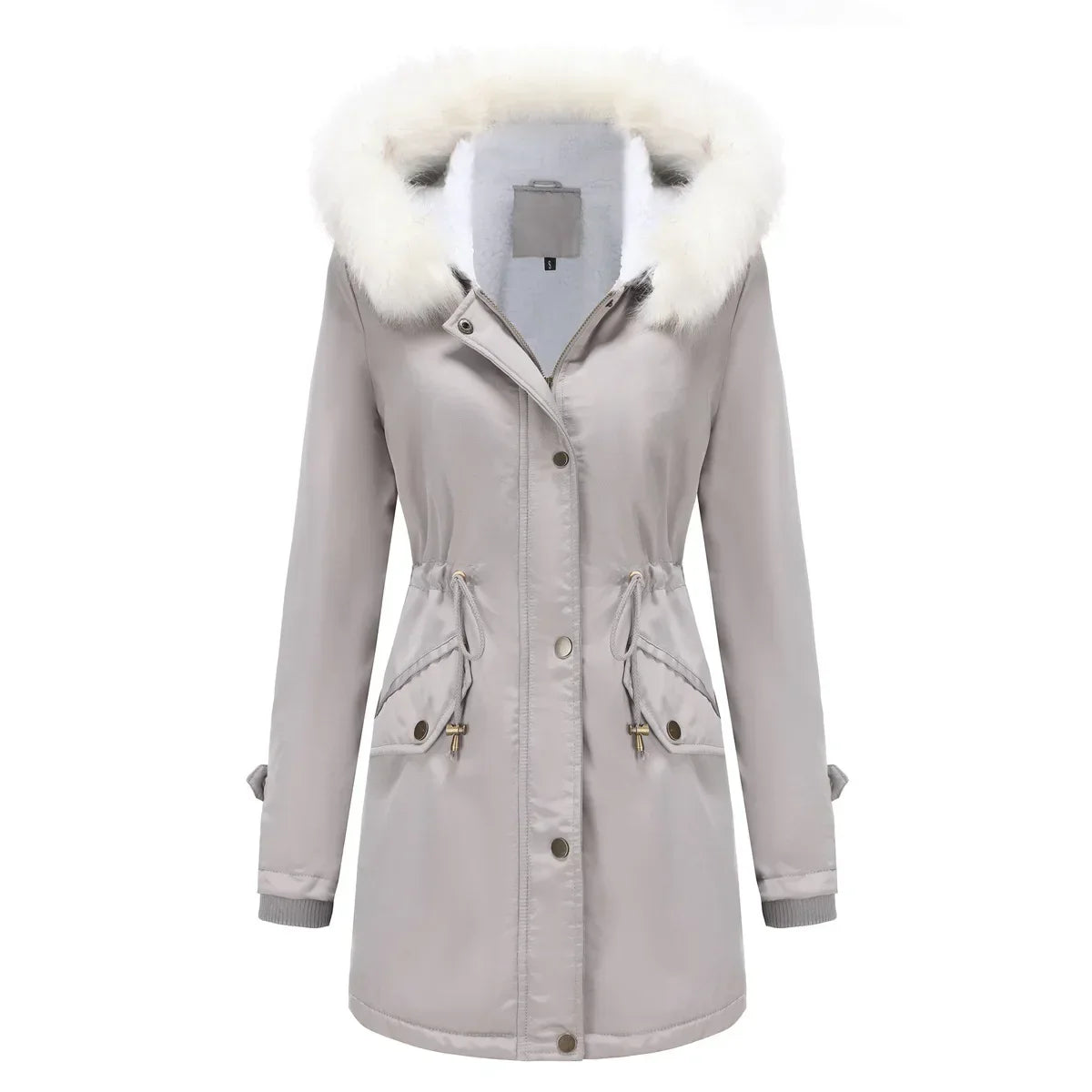 Cozy Faux Fur Trim Parka Jacket for Women with Hooded Long Sleeve Drawstring Waist Relaxed Style
