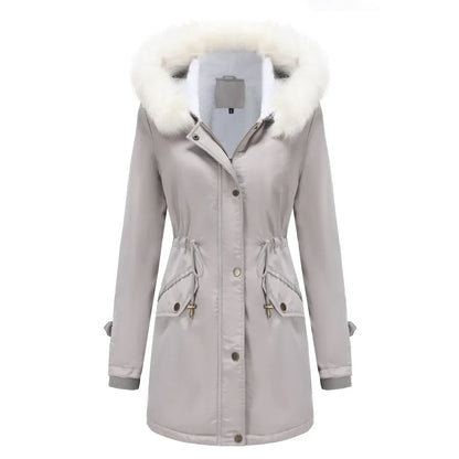Cozy Faux Fur Trim Parka Jacket for Women with Hooded Long Sleeve Drawstring Waist Relaxed Style