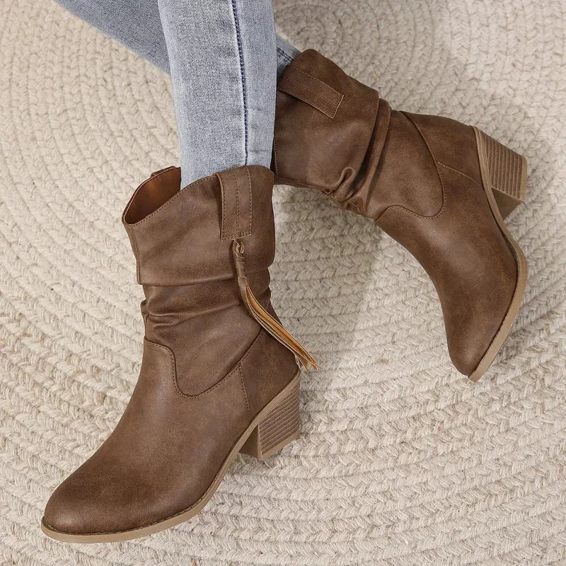 Stylish Dark Brown Boots for Women with Round Toe Braided Tassel Block Heel Western Ankle Style