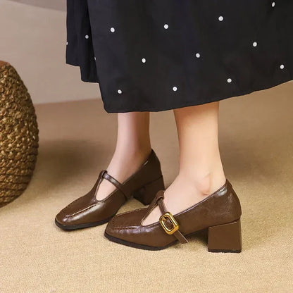 Elegant Mary Jane Shoes for Women with Buckle Strap Block Heel Square Toe Style