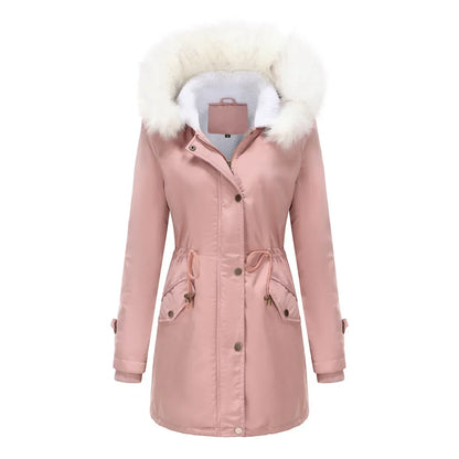Cozy Faux Fur Trim Parka Jacket for Women with Hooded Long Sleeve Drawstring Waist Relaxed Style