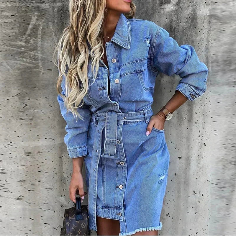 Effortless Blue Denim Dress for Women with Collar Long Sleeve Belted Distressed Casual Style