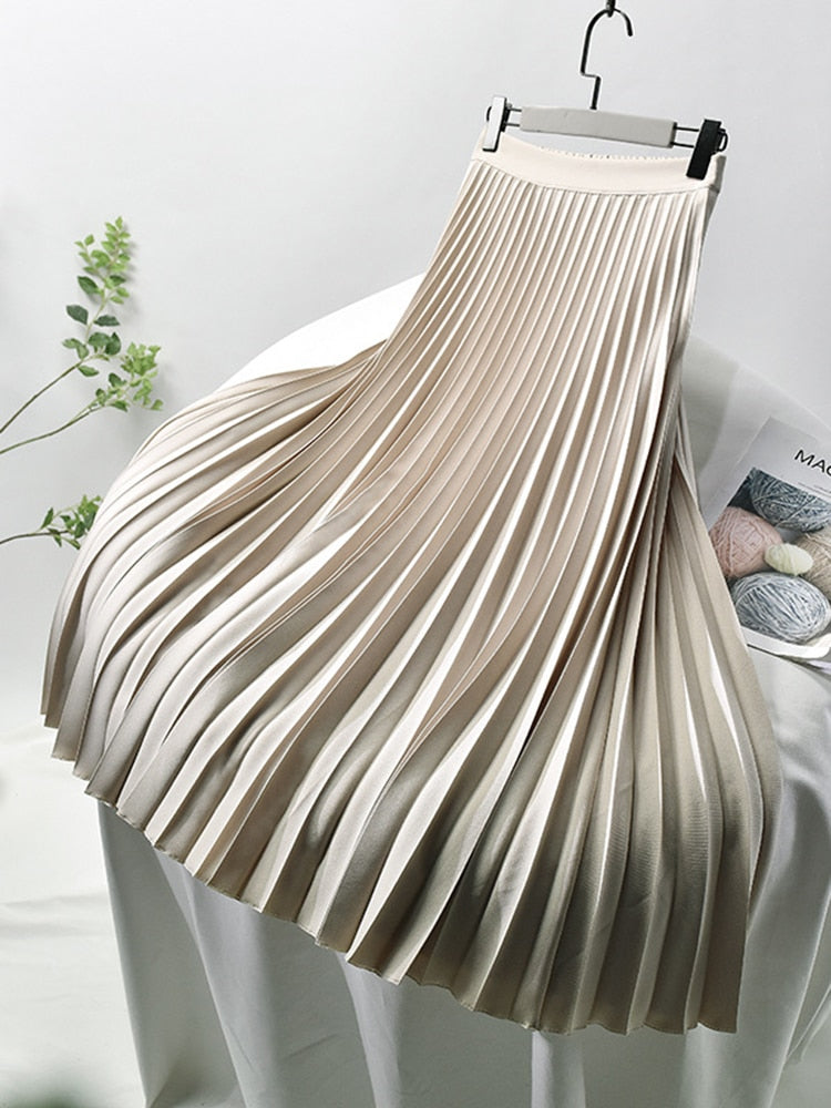 Elegant Pleated Maxi Skirt for Women with High Waist Satin Flowing A Line Style