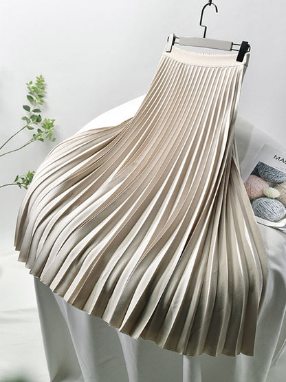 Elegant Pleated Maxi Skirt for Women with High Waist Satin Flowing A Line Style