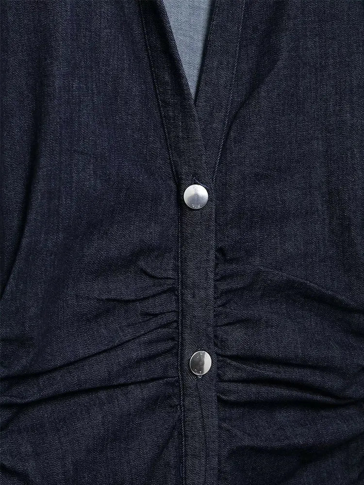 Elegant Indigo Denim Dress for Women with Collared V Neck Short Sleeve Button Front Ruched Maxi Style