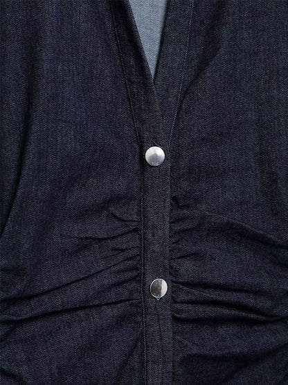 Elegant Indigo Denim Dress for Women with Collared V Neck Short Sleeve Button Front Ruched Maxi Style
