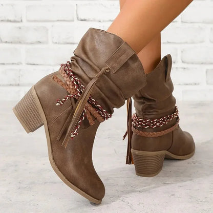 Stylish Dark Brown Boots for Women with Round Toe Braided Tassel Block Heel Western Ankle Style