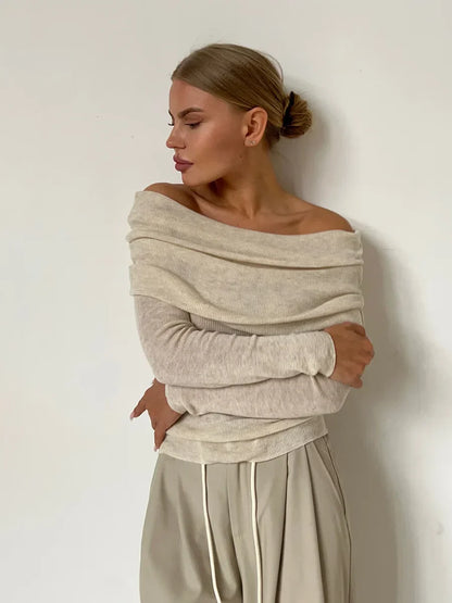 Effortless Ribbed Off The Shoulder Top for Women with Foldover Collar Long Sleeve Fitted Casual Style