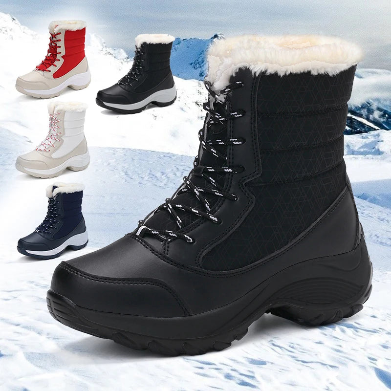 Cozy Women's Snow Boots with Faux Fur Trim Lace Up Waterproof Ankle Style