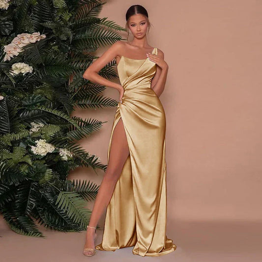 Elegant Gold Dress for Women with One Shoulder Sleeveless Ruched High Slit Mermaid Style