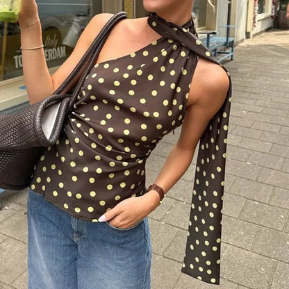 Elegant Brown Polka Dot Halter Top for Women with One Shoulder Sleeveless Ruched Satin Style