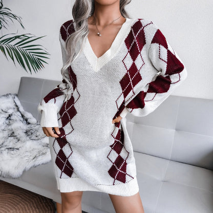 Cozy Argyle Knit Sweater Dress for Women with V Neck Long Sleeve Oversized Pullover Style
