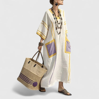 Effortless Boho Maxi Dress for Women with V Neck Batwing Sleeve Linen Kaftan Relaxed Style
