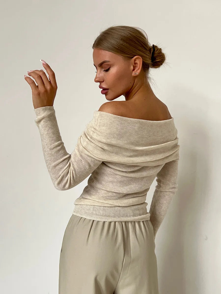 Effortless Ribbed Off The Shoulder Top for Women with Foldover Collar Long Sleeve Fitted Casual Style