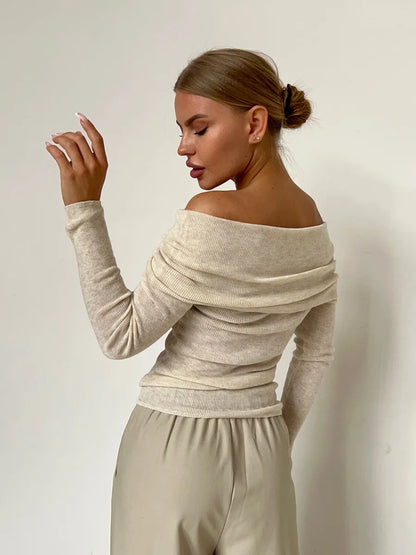 Effortless Ribbed Off The Shoulder Top for Women with Foldover Collar Long Sleeve Fitted Casual Style