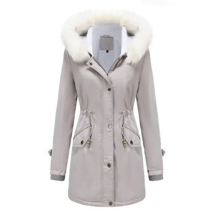 Cozy Faux Fur Trim Parka Jacket for Women with Hooded Long Sleeve Drawstring Waist Relaxed Style