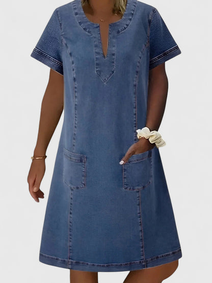 Effortless Denim Dress for Women with V-Neck Short Sleeve Patch Pocket A-Line Casual Shirt Dress Style