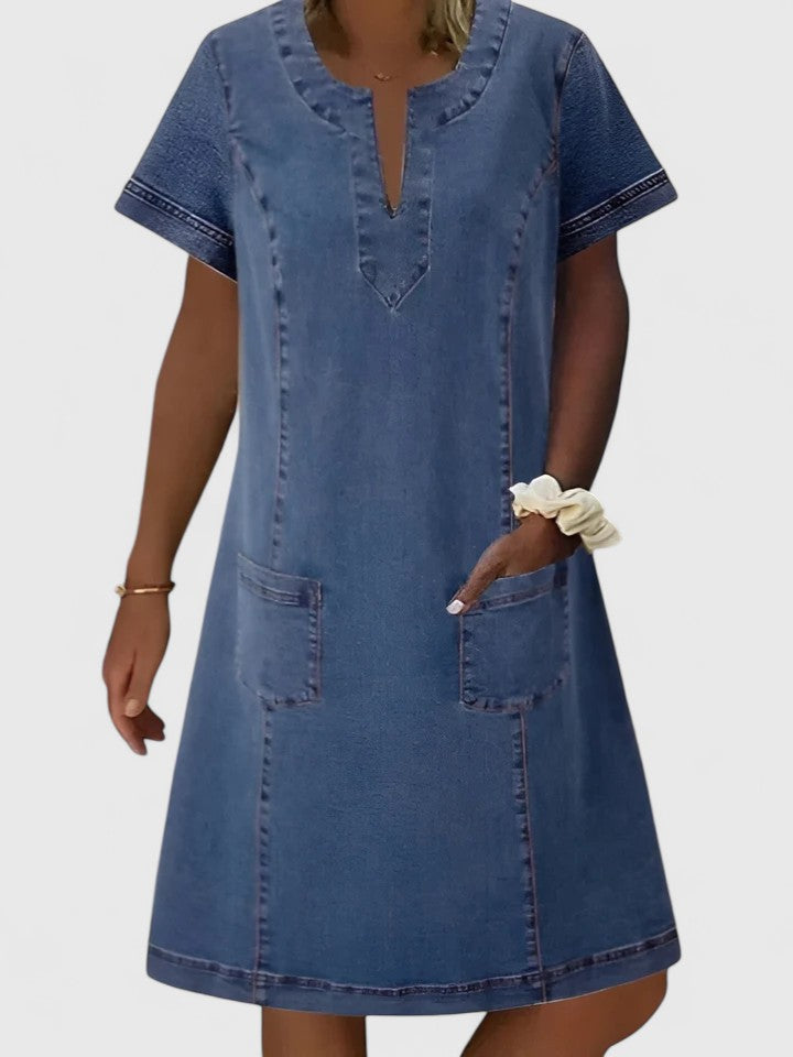 Effortless Blue Denim Dress for Women with Notch Neck Short Sleeve Patch Pocket Casual Style