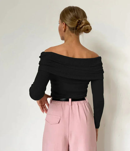 Effortless Ribbed Off The Shoulder Top for Women with Foldover Collar Long Sleeve Fitted Casual Style
