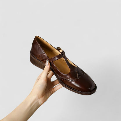 Comfortable Mary Jane Shoes for Women with Round Toe T Strap Brogue Buckle Flat Style