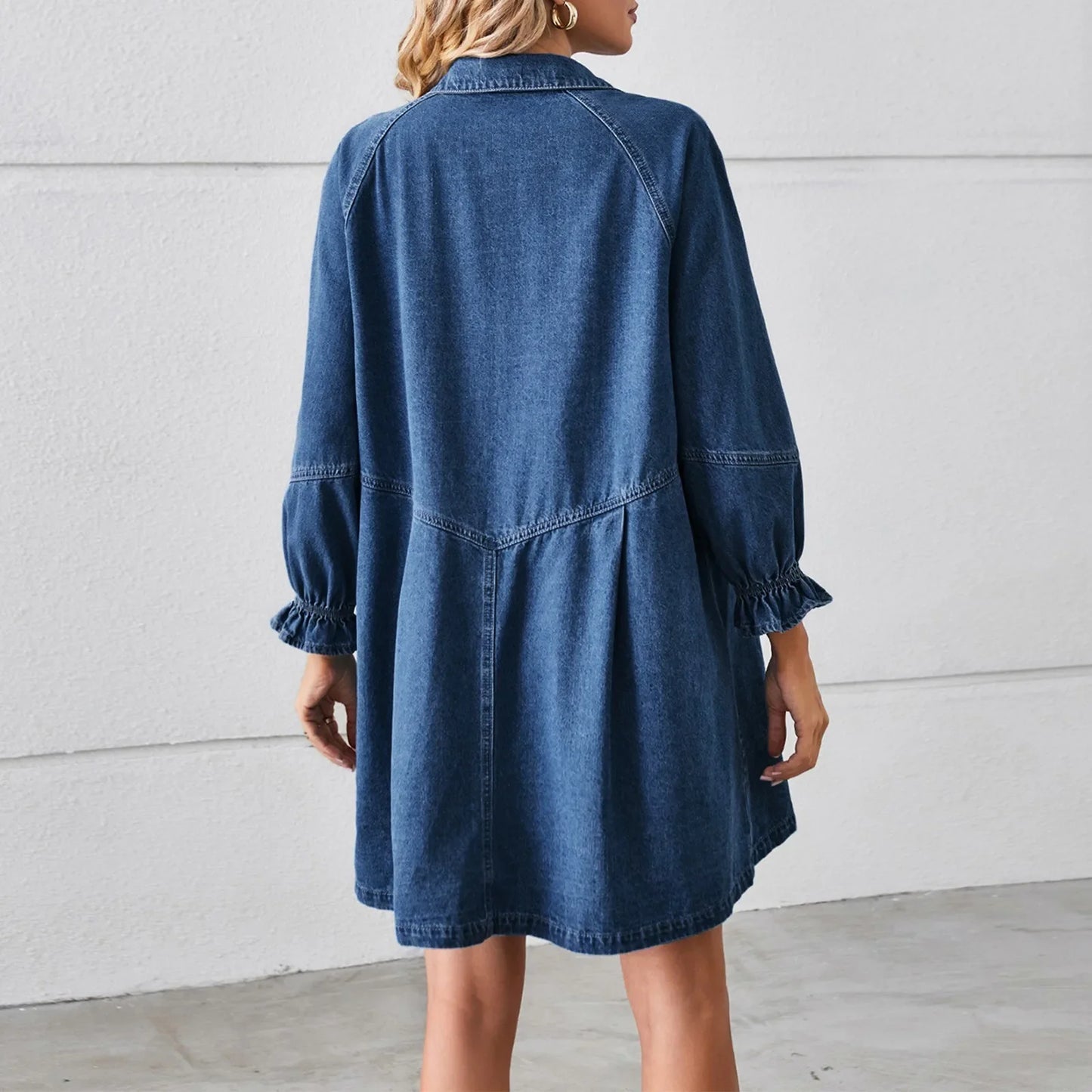 Effortless Denim Dress for Women with Collar Long Sleeve Button Front Mini Ruffle Cuff Casual Style