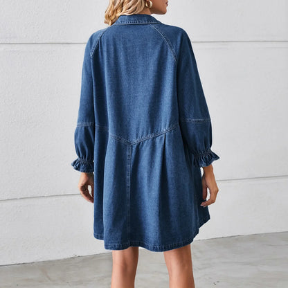 Effortless Denim Dress for Women with Collar Long Sleeve Button Front Mini Ruffle Cuff Casual Style