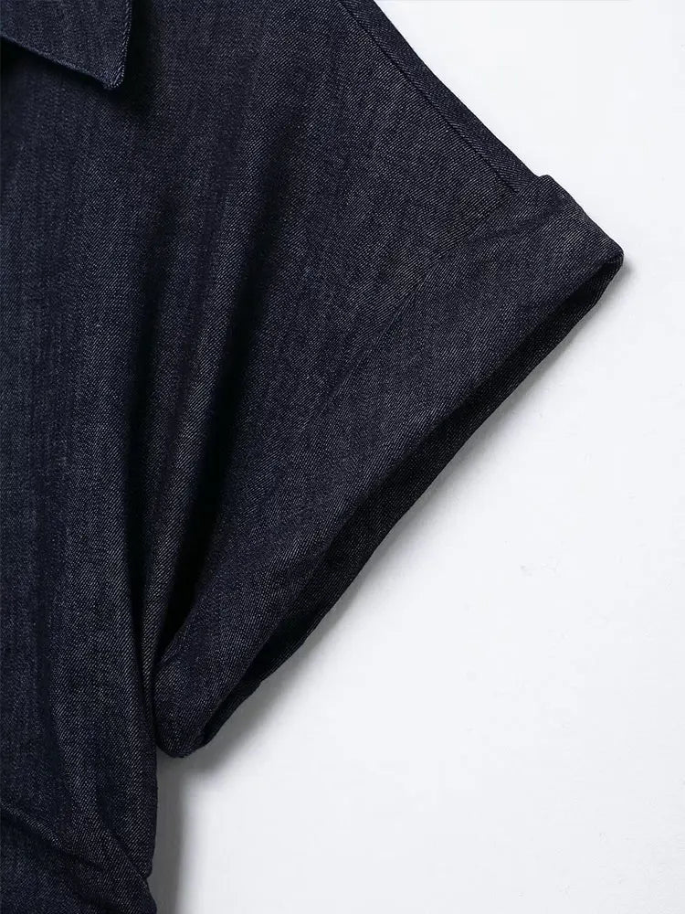 Elegant Indigo Denim Dress for Women with Collared V Neck Short Sleeve Button Front Ruched Maxi Style