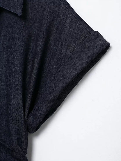Elegant Indigo Denim Dress for Women with Collared V Neck Short Sleeve Button Front Ruched Maxi Style