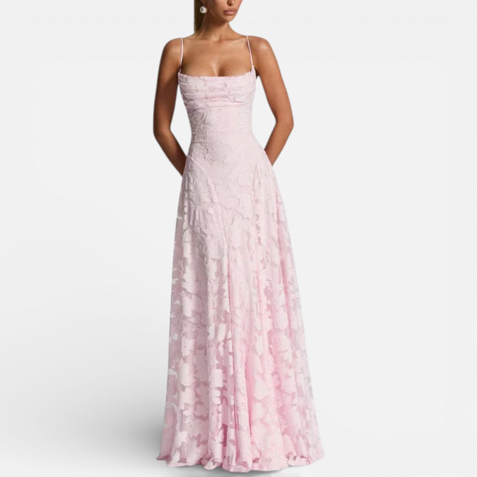 Elegant Lace Maxi Cocktail Dress for Women with Square Neck Spaghetti Strap Ruched Flowing Style