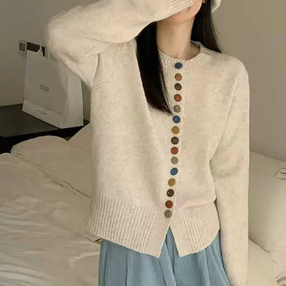 Cozy Knit Cardigan for Women with Crew Neck Long Sleeve Button Front Curved Hem Style