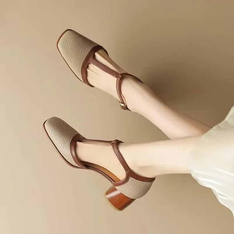 Elegant Flats for Women with T-Strap Block Heel Round Toe Style