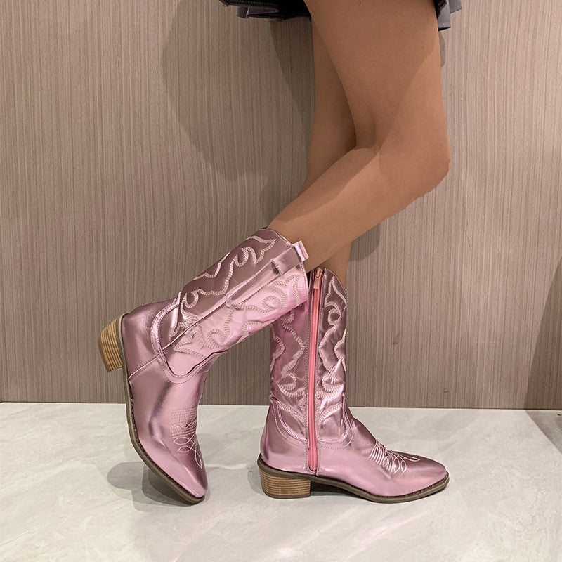 Sleek Metallic Western Booties for Women with Pointed Toe Block Heel Knee High Cowboy Style