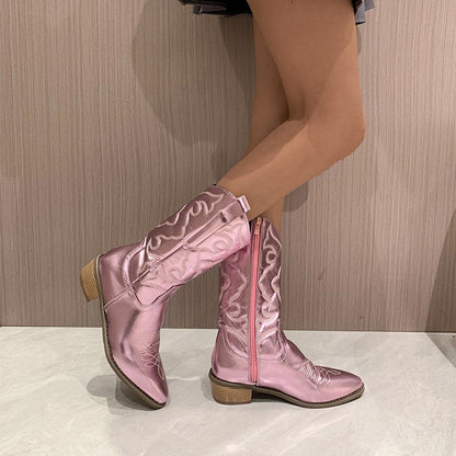 Sleek Metallic Western Booties for Women with Pointed Toe Block Heel Knee High Cowboy Style