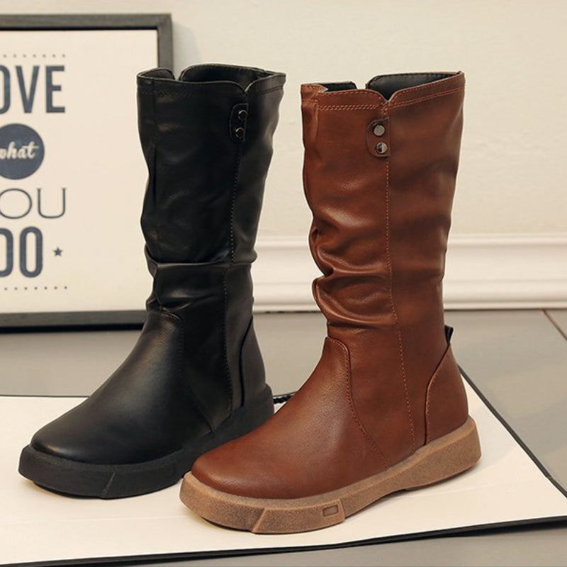 Effortless Leather Mid Calf Waterproof Boots for Women with Side Zip Slouchy Shaft Stacked Heel Style