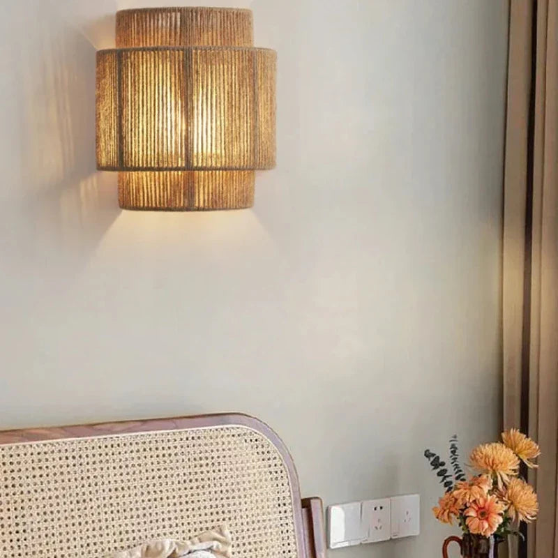 Rattan Wall Lamp Handwoven Boho Drum Shade Natural Indoor Bedside Sconce Wall Light