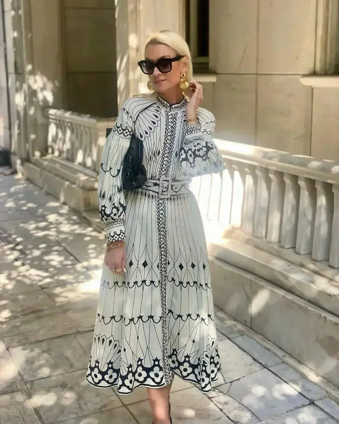 Elegant Beige Printed A Line Dress for Women with Stand Collar Long Sleeve Belted Midi Casual Style