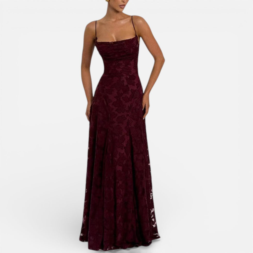 Elegant Lace Maxi Cocktail Dress for Women with Square Neck Spaghetti Strap Ruched Flowing Style