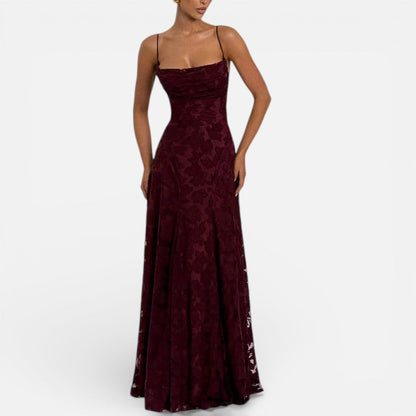 Elegant Lace Maxi Cocktail Dress for Women with Square Neck Spaghetti Strap Ruched Flowing Style