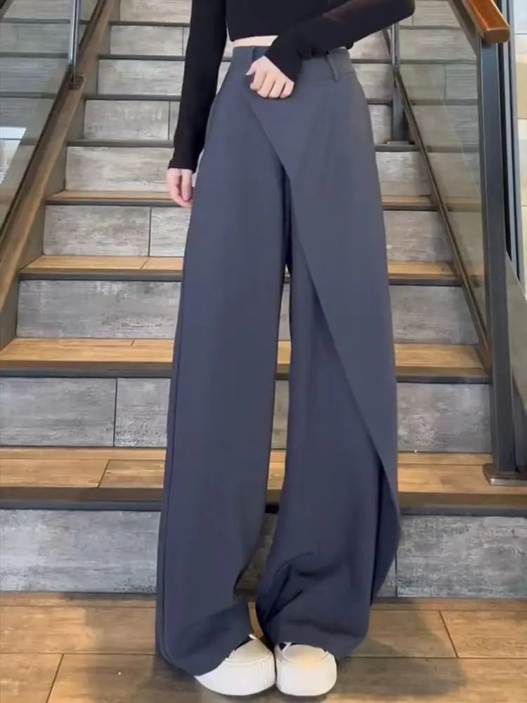 Effortless Wrap Front Wide Leg Pants for Women with High Waist Button Closure Relaxed Style