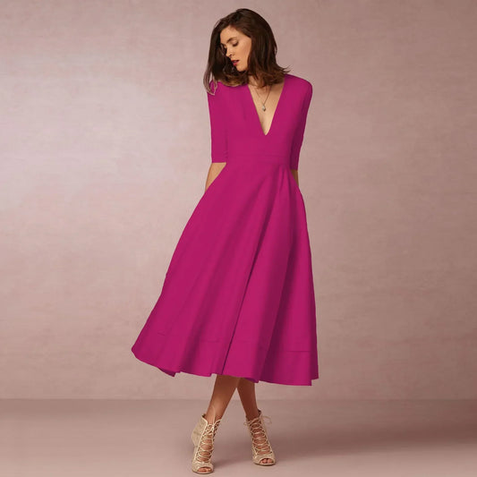 Elegant Pink Dress for Women with V Neck Elbow Sleeve A Line Wedding Guest Style