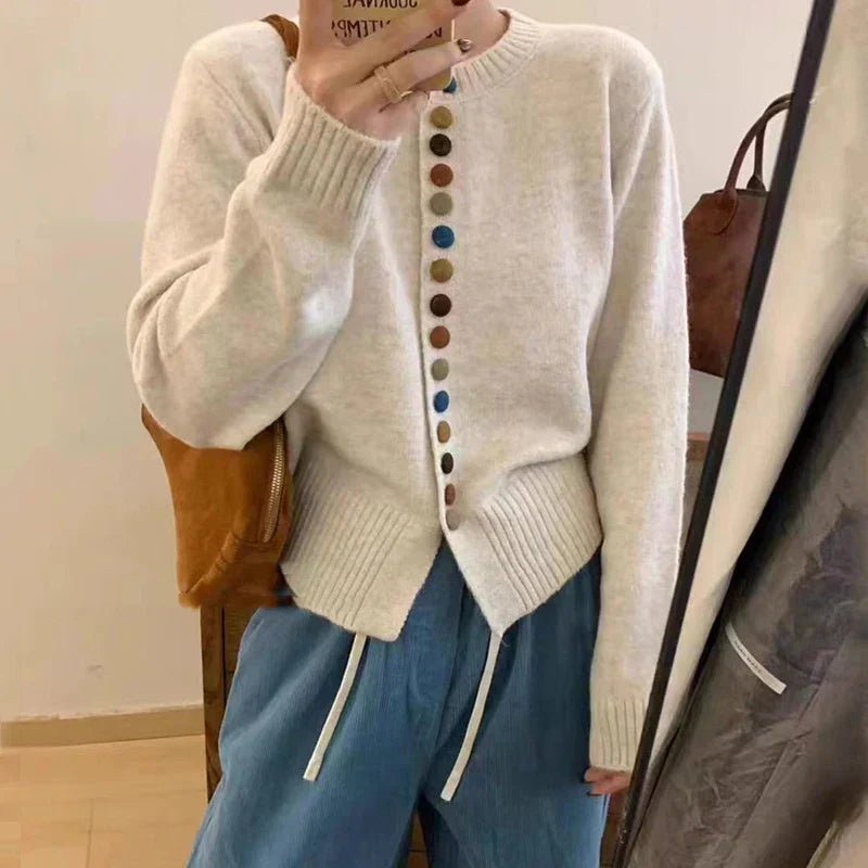 Cozy Knit Cardigan for Women with Crew Neck Long Sleeve Button Front Curved Hem Style